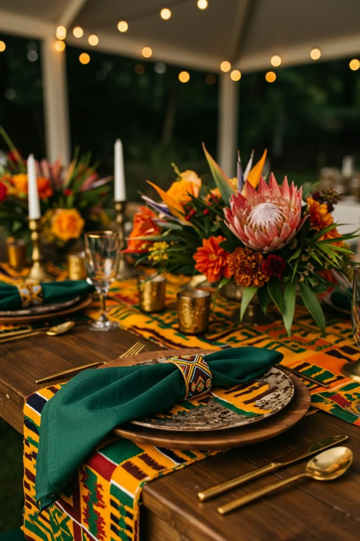 Earth-tone tablescape with kente and protea